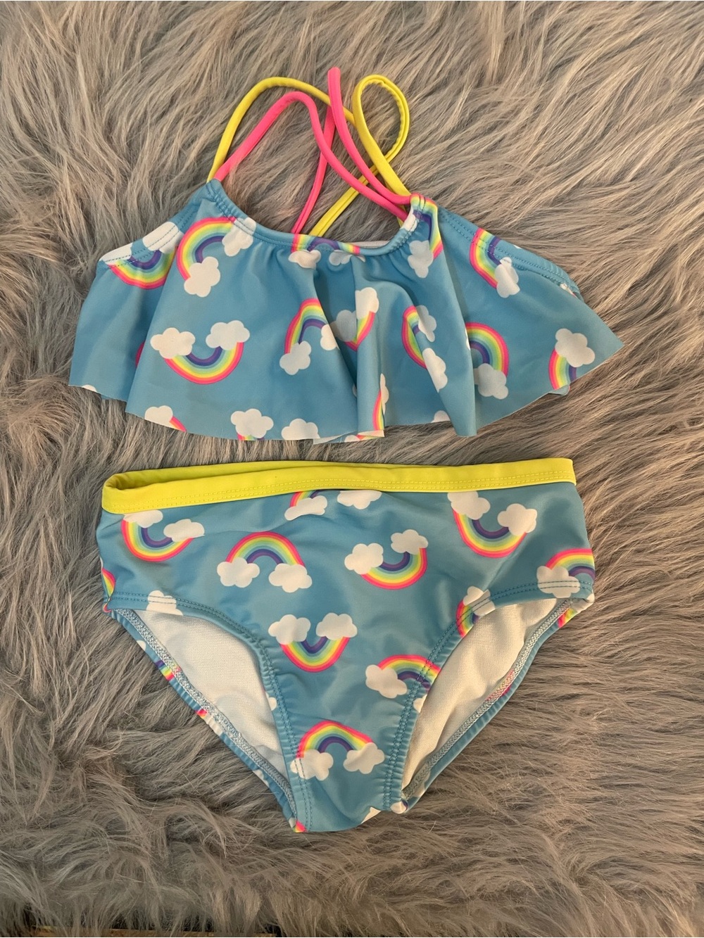 🥳wonder nation Blue Rainbow Cloud Two-Piece Swimsuit with Pink & Yellow Straps
